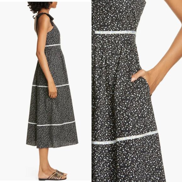 LA LIGNE Kate Floral Midi Sundress In Black Floral Size Small Tie Shoulder Chic - Picture 2 of 13